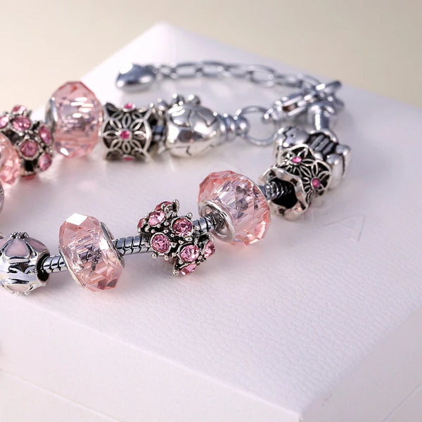 Pink flower charm bracelet