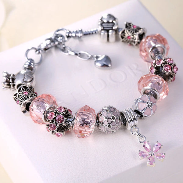 Pink flower charm bracelet